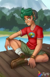 Size: 792x1224 | Tagged: safe, artist:inkkeystudios, imported from derpibooru, timber spruce, human, equestria girls, looking at you, mountain, pier, sitting, smiling, solo, water