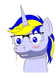 Size: 1150x1600 | Tagged: safe, artist:xyclone, imported from derpibooru, oc, oc only, oc:xyclone, pony, unicorn, blood, blushing, glasses, male, nosebleed, signature, simple background, solo, white background