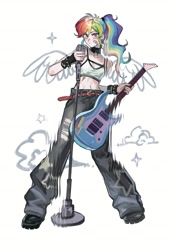 Size: 1429x2102 | Tagged: safe, artist:leiyezhongma1, imported from derpibooru, rainbow dash, human, electric guitar, guitar, humanized, microphone, microphone stand, musical instrument, simple background, solo, white background
