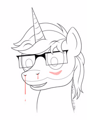 Size: 1150x1600 | Tagged: safe, artist:xyclone, imported from derpibooru, oc, oc only, oc:xyclone, pony, unicorn, blushing, glasses, lineart, male, signature, simple background, solo, white background