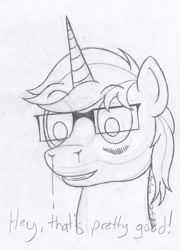 Size: 1150x1600 | Tagged: safe, artist:xyclone, imported from derpibooru, oc, oc only, oc:xyclone, pony, unicorn, blushing, glasses, grayscale, male, monochrome, signature, sketch, solo