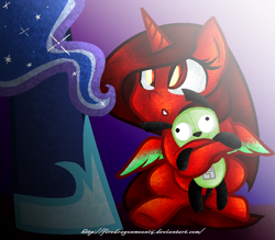 Size: 658x577 | Tagged: safe, artist:firedragonmoon15, imported from derpibooru, princess luna, oc, oc:phoenix scarletruby, alicorn, pony, children of the night, brown mane, brown tail, colored wings, gradient background, hugging a plushie, looking at someone, looking up, mint wings, plushie, red coat, red wings, surprised, tail, two toned wings, wings