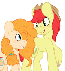 Size: 855x934 | Tagged: safe, artist:eivilpotter, imported from derpibooru, bright mac, pear butter, colored, couple, duo, flat colors, freckles, hat, looking at each other, looking at someone, simple background, smiling