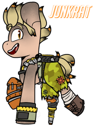 Size: 976x1300 | Tagged: safe, artist:eivilpotter, imported from derpibooru, oc, oc only, camouflage, crossover, grin, junkrat, looking at you, overwatch, simple background, smiling, solo, text, weapon