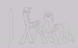 Size: 3000x1833 | Tagged: safe, artist:astr0zone, imported from derpibooru, twilight sparkle, alicorn, pony, doorway, duo, duo female, female, fetish, gray background, grayscale, long legs, long neck, looking at each other, looking at someone, mare, monochrome, simple background, sketch, twilight sparkle (alicorn), walking