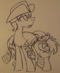 Size: 433x530 | Tagged: safe, artist:artflicker, imported from derpibooru, bandage pony, earth pony, pony, bandage, cowboy hat, duo, hat, male, monochrome, ponies riding ponies, riding, sketch, stallion