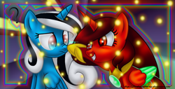 Size: 1198x608 | Tagged: safe, artist:firedragonmoon15, imported from derpibooru, oc, oc:phoenix scarletruby, alicorn, pony, abstract background, birthday, black mane, blue coat, boop, brown mane, colored wings, hoof shoes, jewelry, looking at someone, mint wings, necklace, question mark, red coat, red wings, smiling, sparks, two toned mane, two toned wings, white mane, wings