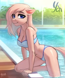 Size: 2000x2400 | Tagged: safe, artist:hakaina, imported from derpibooru, oc, anthro, earth pony, bikini, clothes, commission, female, solo, swimming pool, swimsuit, your character here