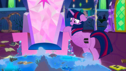 Size: 1024x576 | Tagged: safe, artist:maxressor, imported from derpibooru, twilight sparkle, alicorn, pony, book, butt, canterlot, crystal, equal cutie mark, harp, map, mosaic, musical instrument, plot, sad, throne, twilight sparkle (alicorn), twilight's castle