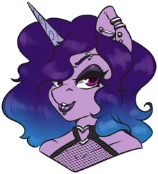Size: 816x900 | Tagged: safe, artist:inkkeystudios, imported from derpibooru, izzy moonbow, anthro, unicorn, eyebrow piercing, eyeshadow, g5, goth, goth izzy, hair over one eye, lidded eyes, lip piercing, lipstick, looking at you, makeup, piercing, smiling, solo