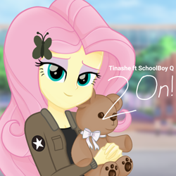 Size: 1280x1280 | Tagged: safe, artist:edy_january, artist:fluttershy_art.nurul, imported from derpibooru, fluttershy, human, equestria girls, 2 on (song), academy, album, album cover, album parody, blurry background, clothes, geode of fauna, girls und panzer, jacket, link in description, looking at you, magical geodes, marine, marines, military, music, parody, plushie, saunders, schoolboy q, shirt, soldier, solo, song, soundtrack, t-shirt, teddy bear, tinashe, youtube link