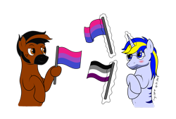 Size: 2841x1925 | Tagged: safe, artist:xyclone, imported from derpibooru, oc, oc only, oc:velocity, oc:xyclone, earth pony, pony, unicorn, asexual pride flag, belly button, bisexual pride flag, blushing, freckles, glasses, male, pride, pride flag, simple background, transparent background