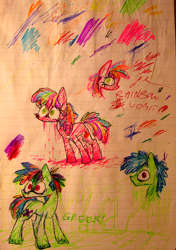 Size: 504x717 | Tagged: safe, artist:artflicker, imported from derpibooru, oc, oc only, oc:greeny, oc:rainbow vomit, earth pony, pony, duo, female, lined paper, male, mare, stallion, traditional art