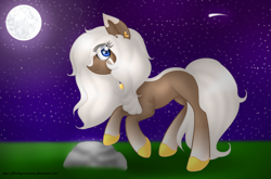 Size: 1554x1026 | Tagged: safe, artist:firedragonmoon15, imported from derpibooru, earth pony, pony, ear piercing, full moon, looking at you, moon, night, night sky, piercing, raised hoof, rock, shooting star, sky, smiling, tail, white mane, white tail