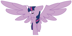 Size: 2472x1244 | Tagged: safe, artist:eivilpotter, imported from derpibooru, twilight sparkle, alicorn, eyes closed, raised hoof, simple background, smiling, smirk, solo, spread wings, turned head, twilight sparkle (alicorn), wings