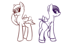 Size: 2941x1861 | Tagged: safe, imported from derpibooru, oc, oc:cloudwalker, oc:valkyrie, original species, plane pony, butt, cute, duo, hoof over mouth, looking at each other, looking at someone, looking back, outlines only, plane, plot, raised hoof, simple background, white background, xb-70 valkyrie