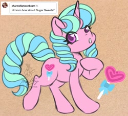 Size: 498x453 | Tagged: safe, artist:inkkeystudios, imported from derpibooru, oc, oc only, oc:sugar sweets, pony, unicorn, eye clipping through hair, heart, heart eyes, looking at you, solo, sucker, wingding eyes