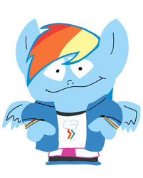 Size: 632x788 | Tagged: artist needed, safe, imported from derpibooru, rainbow dash, anthro, pegasus, block 13, clothes, cursed image, female, looking at you, mare, not south park, simple background, solo, white background, wings