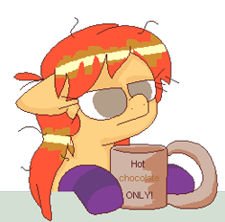 Size: 260x256 | Tagged: safe, artist:artflicker, imported from derpibooru, oc, oc only, oc:flicker split, earth pony, pony, chocolate, clothes, coffee mug, female, food, frown, hot chocolate, mare, mug, simple background, socks, solo, striped socks, transparent background