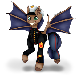 Size: 2000x2000 | Tagged: safe, artist:frazy, imported from derpibooru, oc, oc only, oc:distant echo, bat pony, pony, bat wings, blue mane, blue tail, brown coat, claws, clothes, green eyes, male, marines, military uniform, pants, simple background, solo, stallion, tail, transparent background, uniform, wing claws, wings