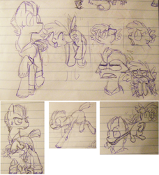 Size: 1285x1410 | Tagged: safe, artist:artflicker, imported from derpibooru, oc, oc only, earth pony, pegasus, pony, duo, duo male and female, female, lined paper, male, mare, monochrome, size difference, sketch, sketch dump, stallion, traditional art