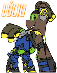 Size: 976x1244 | Tagged: safe, artist:eivilpotter, imported from derpibooru, oc, oc only, pony, crossover, headphones, looking at you, lucio, overwatch, simple background, solo, tattoo, turned head, visor