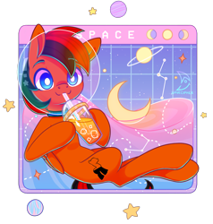 Size: 2360x2476 | Tagged: safe, artist:wavecipher, imported from derpibooru, oc, oc only, oc:winged whisper, pegasus, pony, blue eyes, collar, drinking, folded wings, male, moon, pegasus oc, planet, smoothie, solo, space, stallion, tail, two toned mane, two toned tail, vaporwave, wings