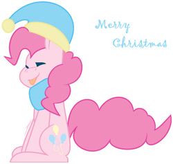 Size: 918x870 | Tagged: safe, artist:eivilpotter, imported from derpibooru, pinkie pie, christmas, clothes, eyes closed, hat, holiday, merry christmas, scarf, simple background, sitting, smiling, solo, text, tongue out