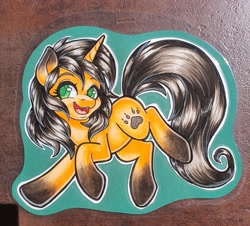 Size: 2726x2463 | Tagged: safe, artist:inkkeystudios, imported from derpibooru, oc, oc only, pony, unicorn, badge, coat markings, happy, looking at you, open mouth, open smile, photo, smiling, socks (coat markings), solo, traditional art