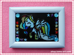Size: 1000x750 | Tagged: safe, artist:facja, imported from derpibooru, rainbow dash, pegasus, pony, clothes, craft, dress, eyes closed, gala dress, stained glass