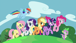 Size: 1470x828 | Tagged: safe, edit, edited screencap, editor:incredibubbleirishguy, imported from derpibooru, screencap, applejack, fluttershy, pinkie pie, rainbow dash, rarity, spike, twilight sparkle, alicorn, all bottled up, best friends until the end of time, mane seven, spring, trotting, twilight sparkle (alicorn)