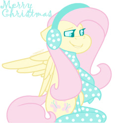 Size: 861x928 | Tagged: safe, artist:eivilpotter, imported from derpibooru, fluttershy, pegasus, christmas, clothes, earmuffs, holiday, looking offscreen, merry christmas, scarf, simple background, smiling, socks, solo, text