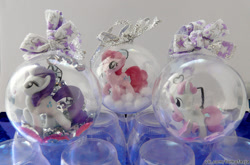 Size: 1000x660 | Tagged: safe, artist:facja, imported from derpibooru, pinkie pie, rarity, sweetie belle, earth pony, pony, unicorn, christmas ornament, craft, decoration