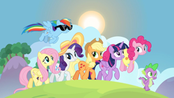 Size: 1470x828 | Tagged: safe, edit, edited screencap, editor:incredibubbleirishguy, imported from derpibooru, screencap, applejack, fluttershy, pinkie pie, rainbow dash, rarity, spike, twilight sparkle, alicorn, dragon, earth pony, pegasus, pony, unicorn, all bottled up, best friends until the end of time, floaty, hat, mane seven, mane six, pool toy, summer, sun, sun hat, sunglasses, twilight sparkle (alicorn)