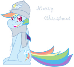 Size: 938x852 | Tagged: safe, artist:eivilpotter, imported from derpibooru, rainbow dash, pegasus, pony, christmas, clothes, female, hat, holiday, looking at you, mare, merry christmas, scarf, simple background, sitting, smiling, solo, text