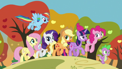 Size: 1470x828 | Tagged: safe, edit, edited screencap, editor:incredibubbleirishguy, imported from derpibooru, screencap, applejack, fluttershy, pinkie pie, rainbow dash, rarity, spike, twilight sparkle, alicorn, dragon, earth pony, pegasus, pony, unicorn, all bottled up, apple, apple tree, autumn, best friends until the end of time, female, male, mane seven, mare, tree, twilight sparkle (alicorn)