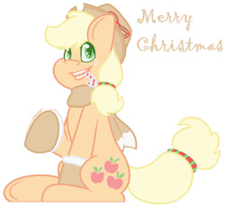 Size: 934x855 | Tagged: safe, artist:eivilpotter, imported from derpibooru, applejack, earth pony, pony, candy, candy cane, christmas, clothes, female, food, holiday, looking at you, mare, merry christmas, mittens, ribbon, scarf, simple background, solo, text