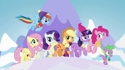 Size: 1470x828 | Tagged: safe, edit, edited screencap, editor:incredibubbleirishguy, imported from derpibooru, screencap, applejack, fluttershy, pinkie pie, rainbow dash, rarity, spike, twilight sparkle, alicorn, all bottled up, best friends until the end of time, clothes, hat, mane seven, scarf, snow, striped scarf, twilight sparkle (alicorn), winter, winter hat