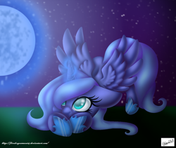 Size: 1102x932 | Tagged: safe, artist:firedragonmoon15, imported from derpibooru, princess luna, pony, face down ass up, female, filly, glowing, glowing horn, hoof shoes, horn, looking at something, looking at the moon, magic, moon, night, night sky, sky, spread wings, telekinesis, wings, woona, younger