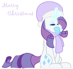 Size: 922x867 | Tagged: safe, artist:eivilpotter, imported from derpibooru, rarity, pony, unicorn, christmas, clothes, female, glowing, glowing horn, hat, holiday, horn, mare, merry christmas, mug, scarf, simple background, sipping, solo, text