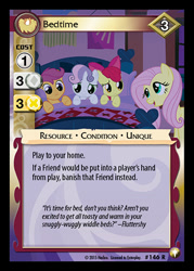 Size: 344x480 | Tagged: safe, imported from derpibooru, apple bloom, fluttershy, scootaloo, sweetie belle, stare master, bed, ccg, cutie mark crusaders, enterplay, equestrian odysseys, fluttershy's cottage, fluttershy's cottage (interior), merchandise