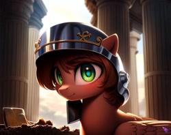 Size: 768x608 | Tagged: safe, imported from derpibooru, oc, oc:leafhelm, pegasus, pony, ai content, ai generated, generator:purplesmart.ai, generator:stable diffusion, helmet, temple ruins