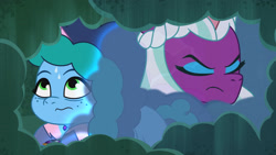 Size: 3072x1727 | Tagged: safe, imported from derpibooru, screencap, opaline arcana, alicorn, pony, unicorn, spoiler:g5, spoiler:my little pony: tell your tale, spoiler:tyts01e49, duo, duo female, eyes closed, female, frown, g5, mare, mission imponable, misty brightdawn, my little pony: tell your tale, sweat, sweatdrop