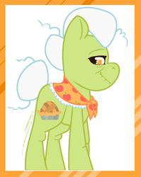 Size: 844x1060 | Tagged: safe, artist:eivilpotter, imported from derpibooru, granny smith, earth pony, pony, female, frills, looking at you, mare, side view, simple background, solo, tail, tail bun