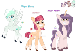 Size: 1280x873 | Tagged: safe, artist:hate-love12, imported from derpibooru, oc, oc:florette, oc:mistral breeze, oc:mystic melody, earth pony, pegasus, pony, unicorn, deviantart watermark, female, g5, mare, my little pony: tell your tale, obtrusive watermark, simple background, transparent background, watermark