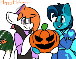 Size: 992x770 | Tagged: safe, artist:eivilpotter, imported from derpibooru, oc, oc only, pony, clothes, costume, duo, happy halloween, looking at each other, looking at someone, pumpkin, simple background, text