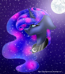 Size: 2500x2860 | Tagged: safe, artist:firedragonmoon15, imported from derpibooru, princess luna, alicorn, pony, ears back, ethereal mane, full moon, head only, high res, jewelry, looking forward, moon, necklace, smiling, starry background