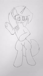 Size: 1432x2546 | Tagged: safe, artist:just rusya, derpibooru exclusive, imported from derpibooru, oc, oc:4 bore, unicorn, bipedal, chest fluff, grayscale, looking down, monochrome, open mouth, pencil drawing, raised hoof, solo, traditional art, underhoof