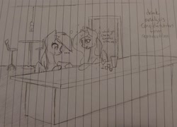 Size: 2667x1920 | Tagged: safe, artist:those kids in the corner, imported from derpibooru, fluttershy, rainbow dash, pegasus, pony, bar, blushing, drink, drunk, drunkershy, duo, female, flyer, mare, paperwork, table, traditional art