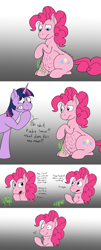 Size: 2100x5200 | Tagged: safe, artist:xyclone, imported from derpibooru, pinkie pie, twilight sparkle, earth pony, unicorn, belly, comic, dialogue, female, gradient background, stomach growl, stomach noise, throat bulge, vulgar